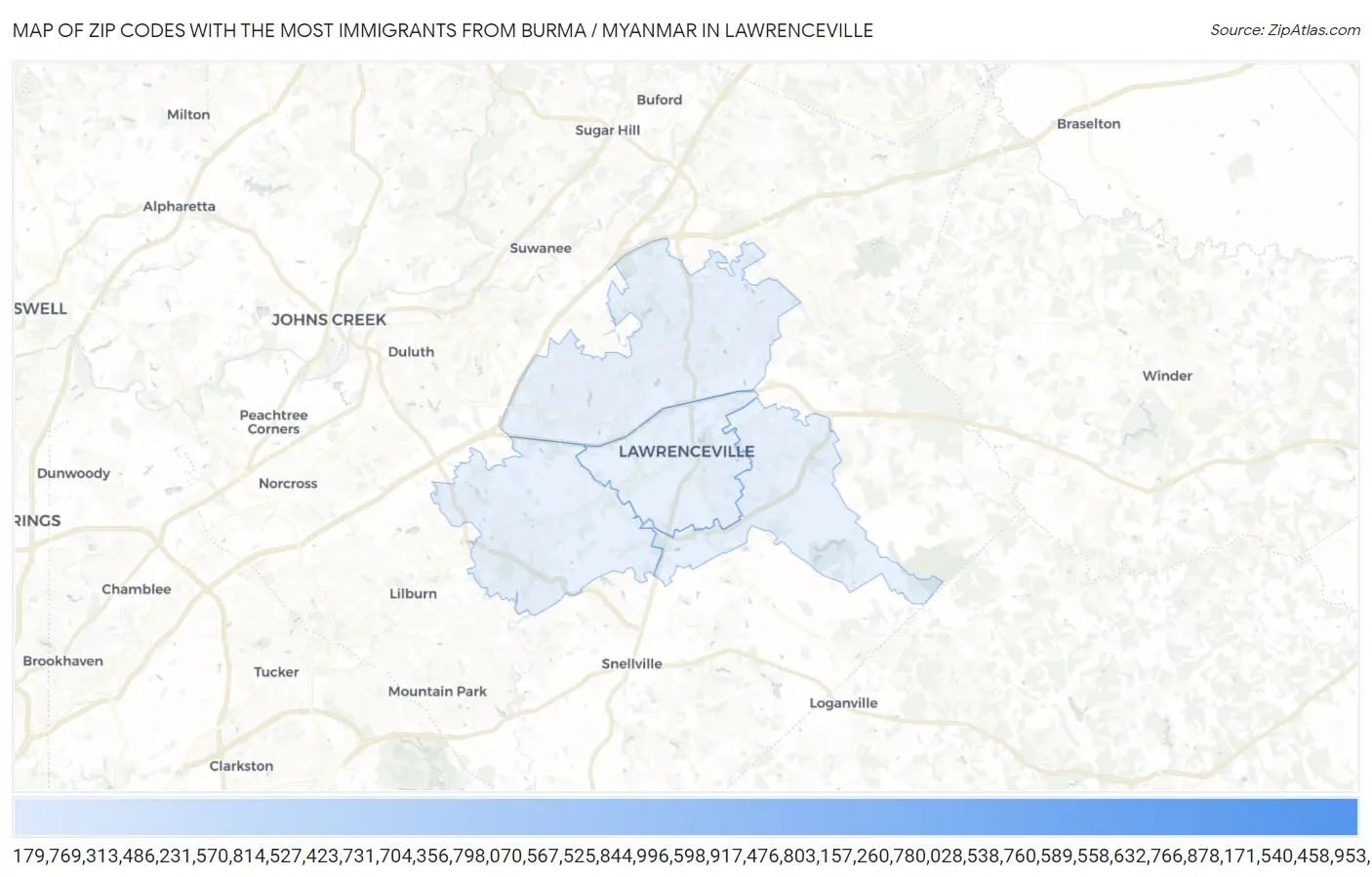 Zip Codes with the Most Immigrants from Burma / Myanmar in Lawrenceville Map