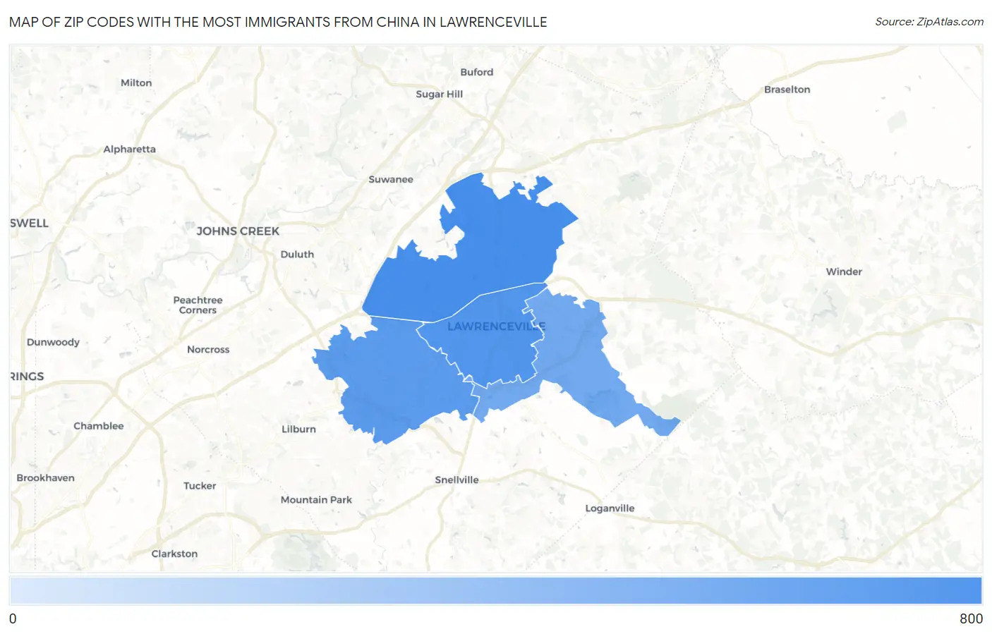Zip Codes with the Most Immigrants from China in Lawrenceville Map