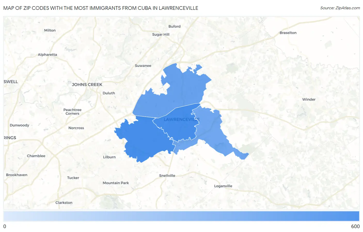 Zip Codes with the Most Immigrants from Cuba in Lawrenceville Map