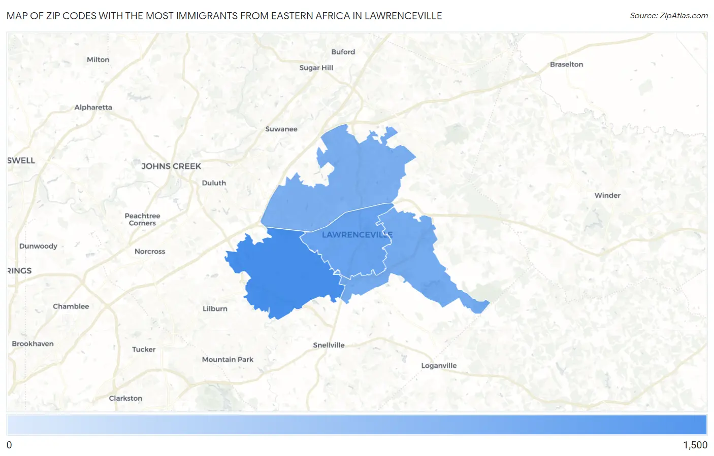 Zip Codes with the Most Immigrants from Eastern Africa in Lawrenceville Map