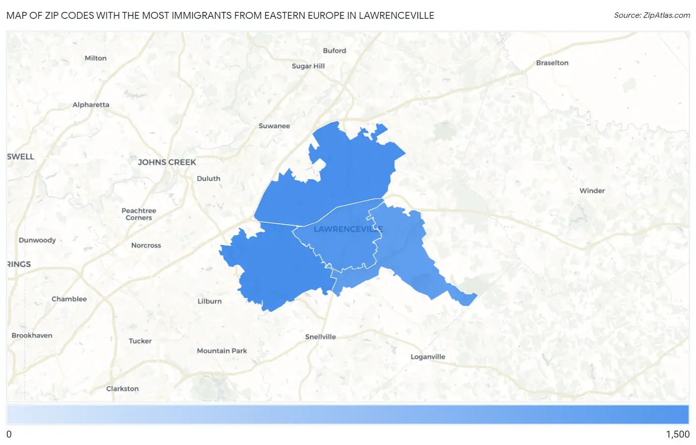Zip Codes with the Most Immigrants from Eastern Europe in Lawrenceville Map