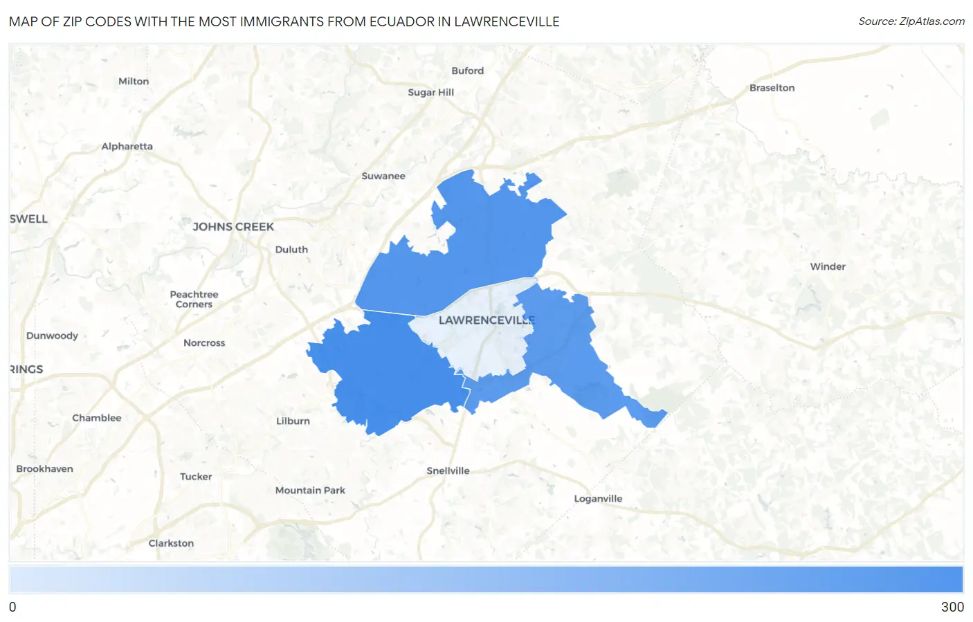 Zip Codes with the Most Immigrants from Ecuador in Lawrenceville Map