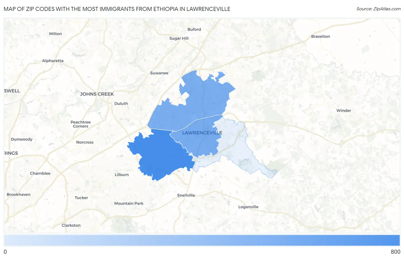 Zip Codes with the Most Immigrants from Ethiopia in Lawrenceville Map