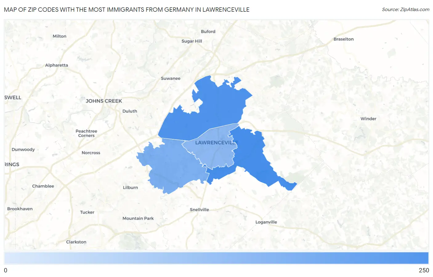 Zip Codes with the Most Immigrants from Germany in Lawrenceville Map