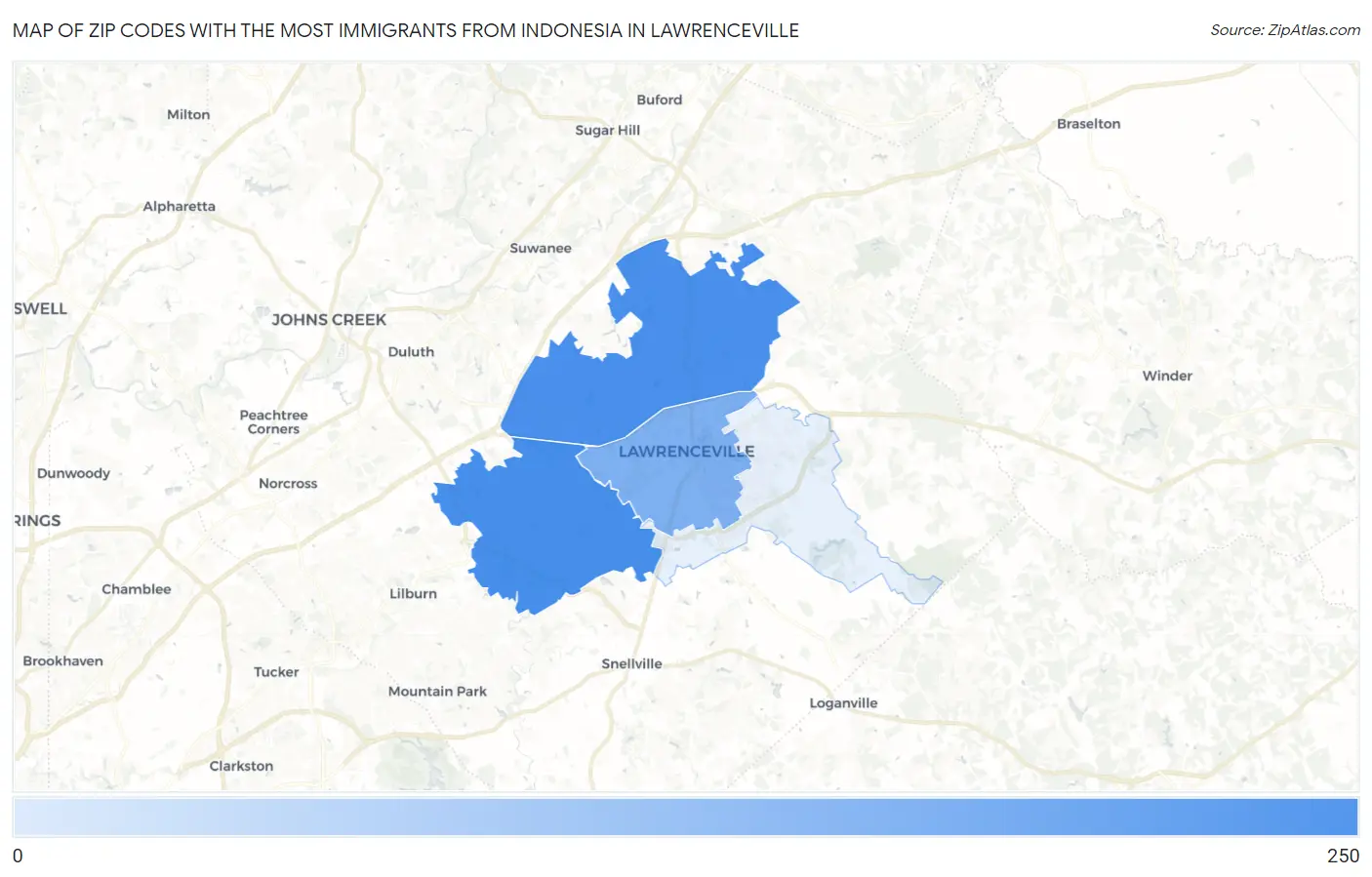 Zip Codes with the Most Immigrants from Indonesia in Lawrenceville Map