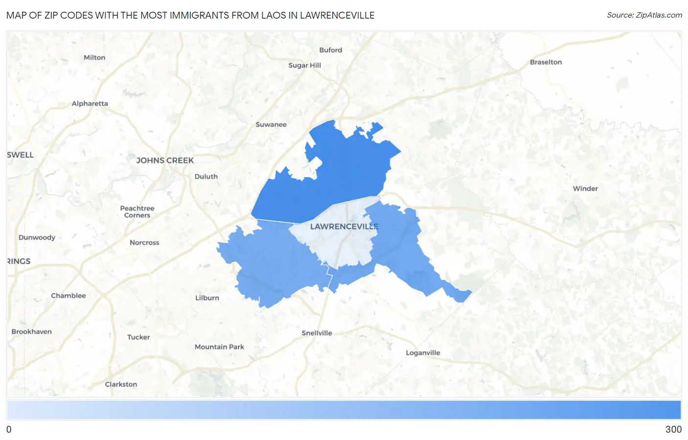 Zip Codes with the Most Immigrants from Laos in Lawrenceville Map