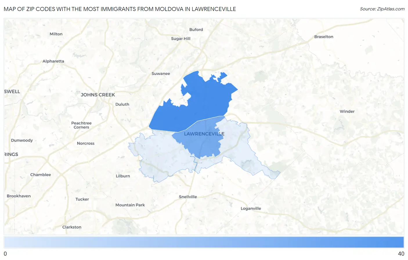 Zip Codes with the Most Immigrants from Moldova in Lawrenceville Map