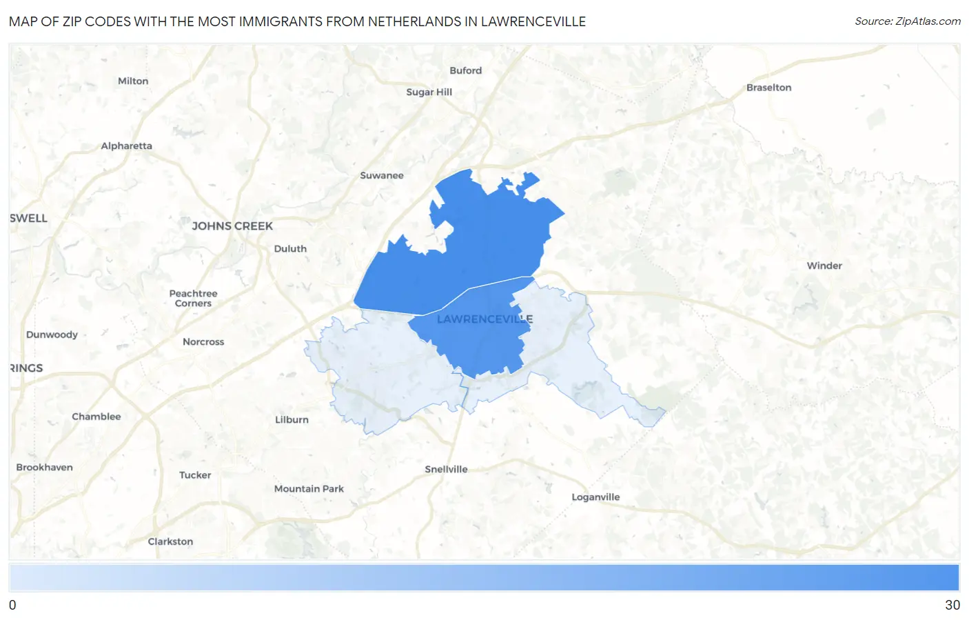 Zip Codes with the Most Immigrants from Netherlands in Lawrenceville Map