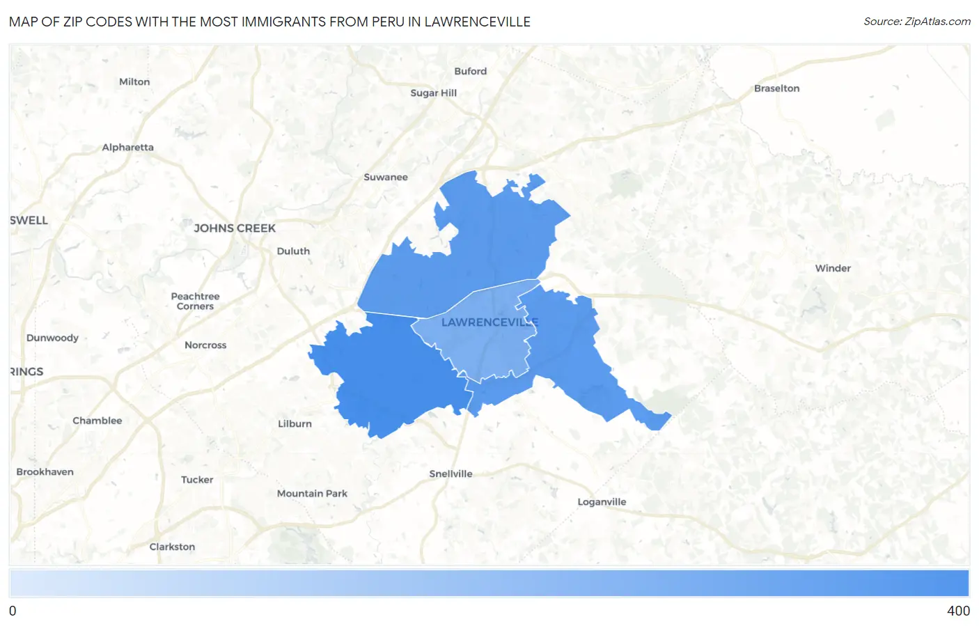 Zip Codes with the Most Immigrants from Peru in Lawrenceville Map