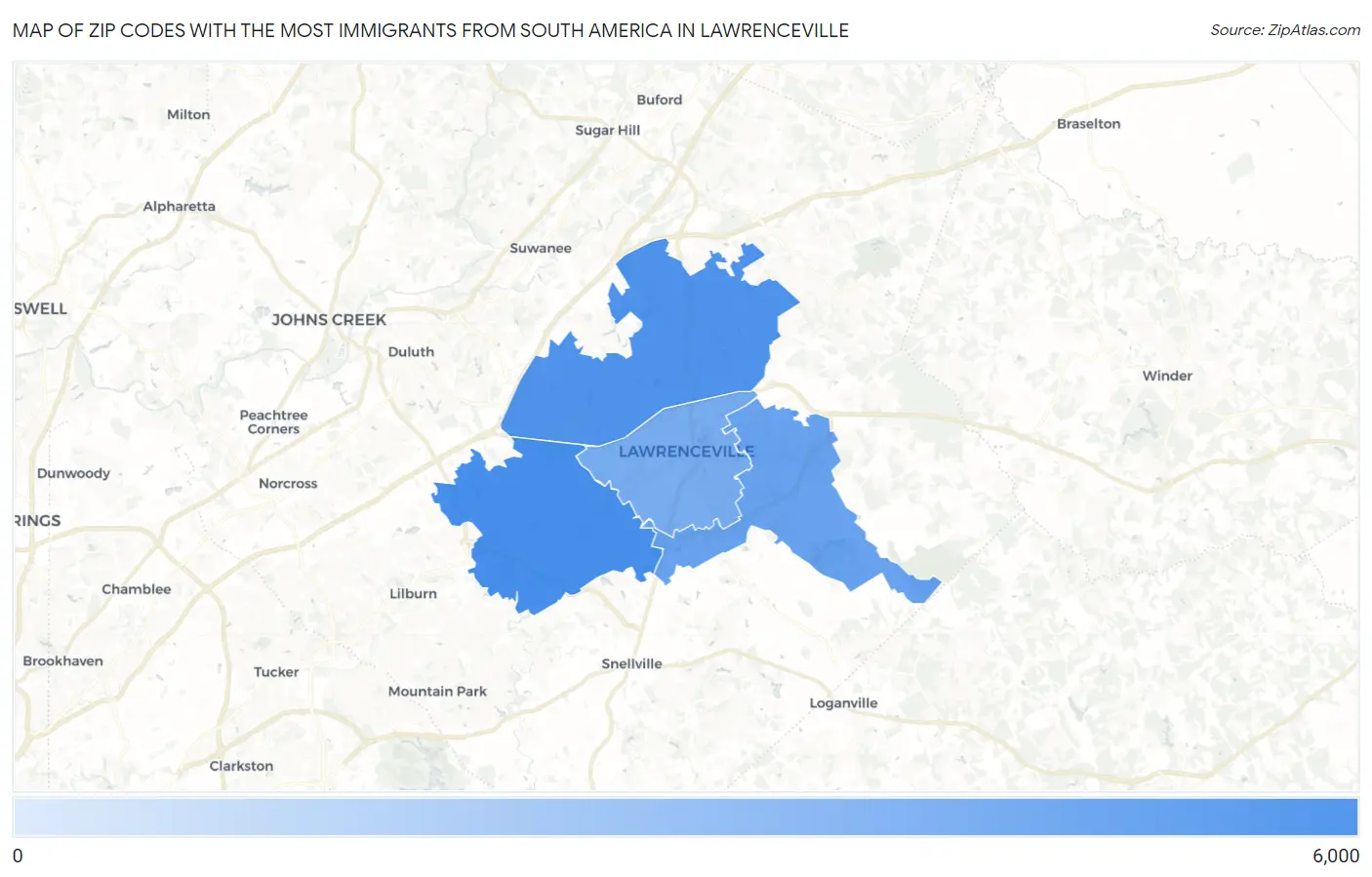 Zip Codes with the Most Immigrants from South America in Lawrenceville Map
