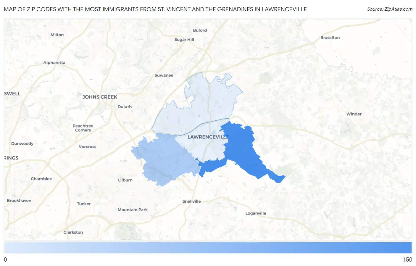 Zip Codes with the Most Immigrants from St. Vincent and the Grenadines in Lawrenceville Map