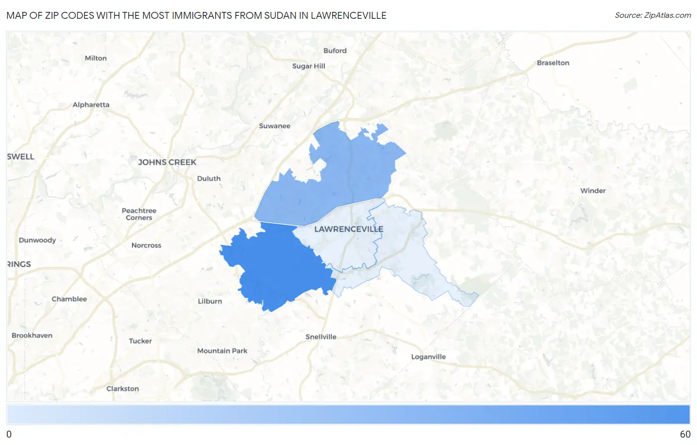 Zip Codes with the Most Immigrants from Sudan in Lawrenceville Map