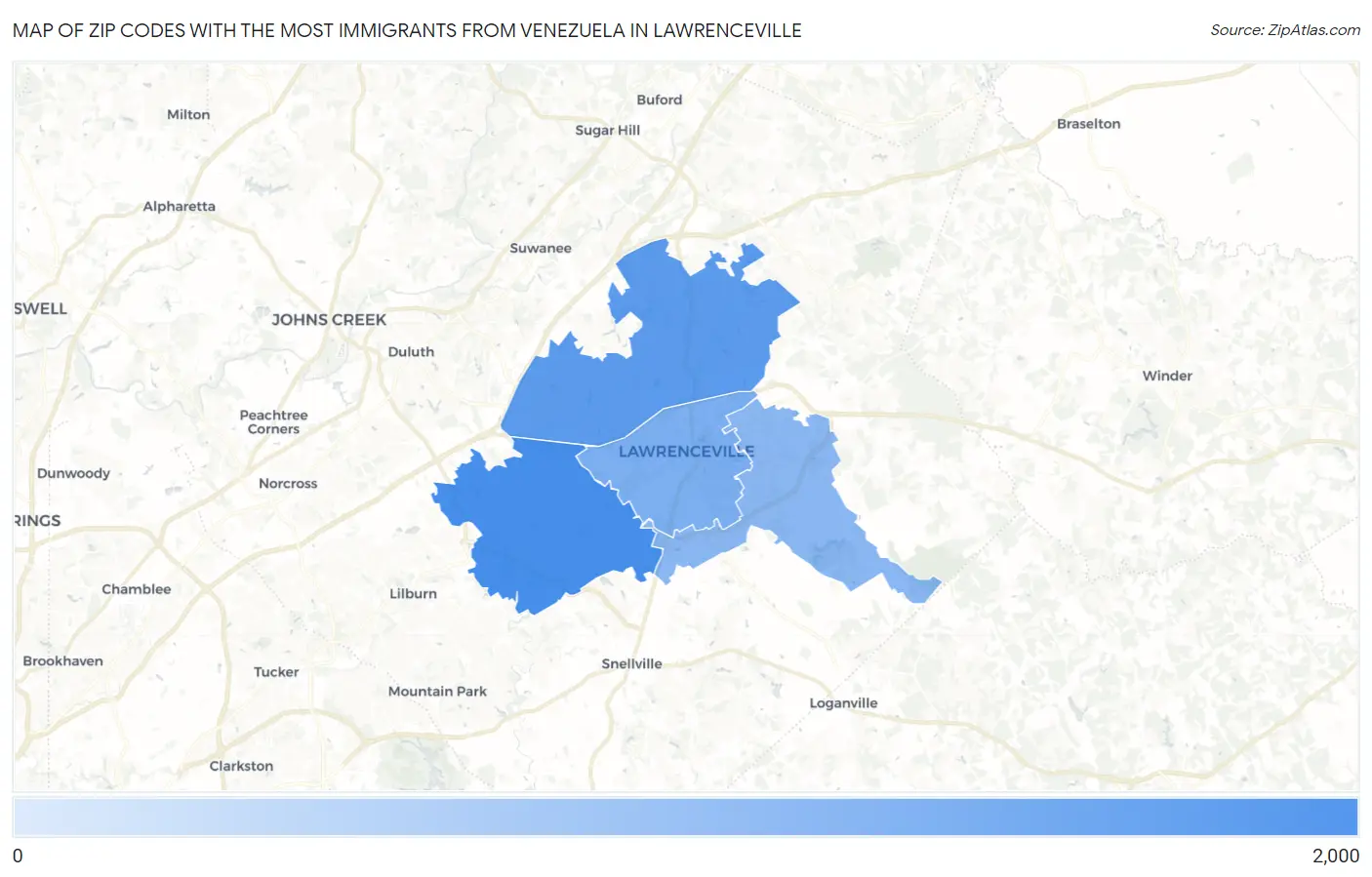 Zip Codes with the Most Immigrants from Venezuela in Lawrenceville Map