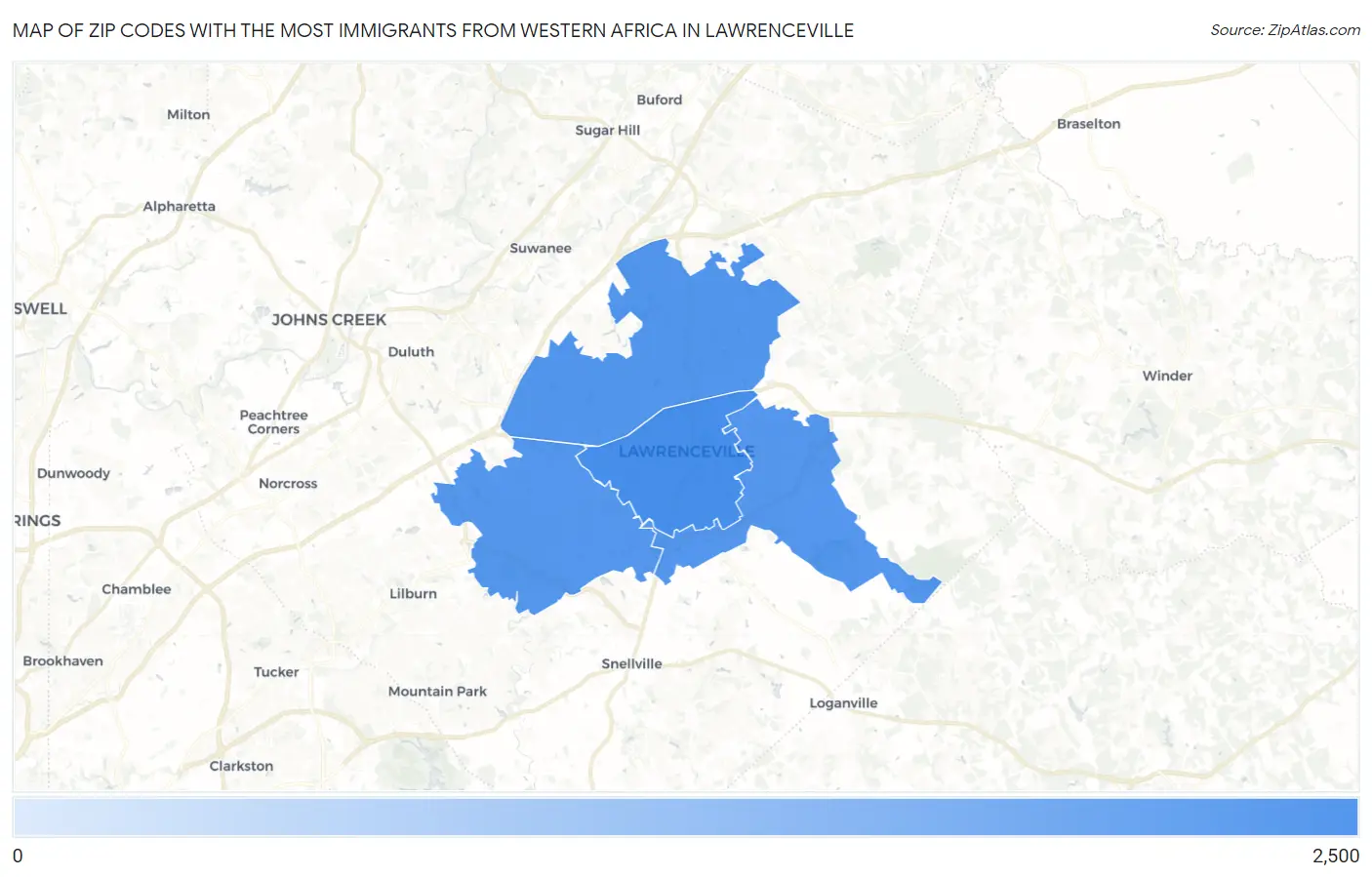 Zip Codes with the Most Immigrants from Western Africa in Lawrenceville Map