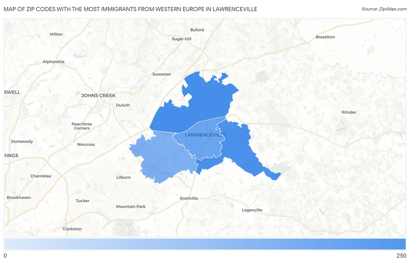 Zip Codes with the Most Immigrants from Western Europe in Lawrenceville Map