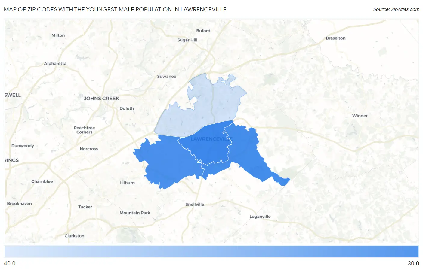 Zip Codes with the Youngest Male Population in Lawrenceville Map