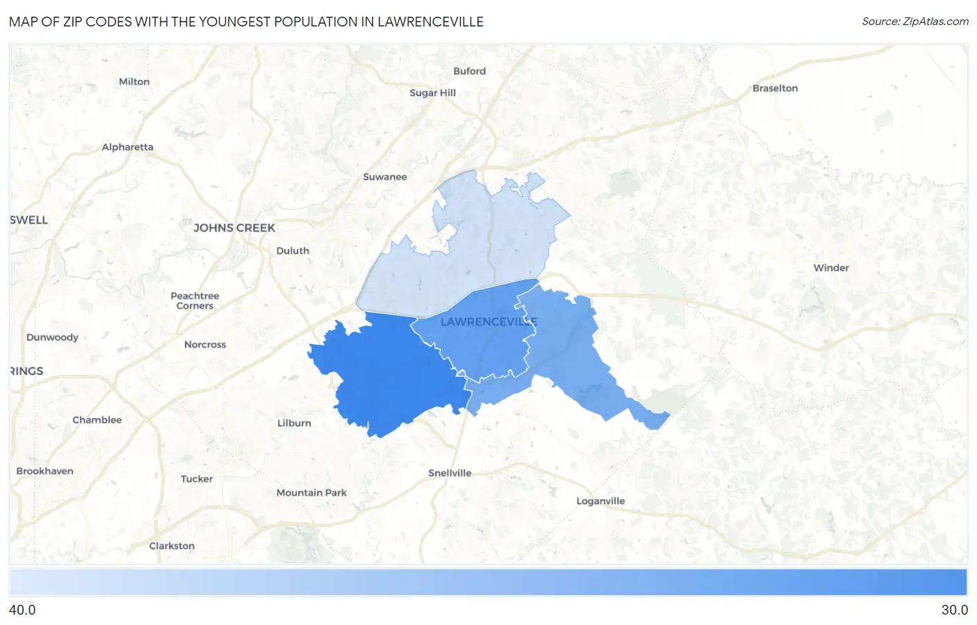 Zip Codes with the Youngest Population in Lawrenceville Map