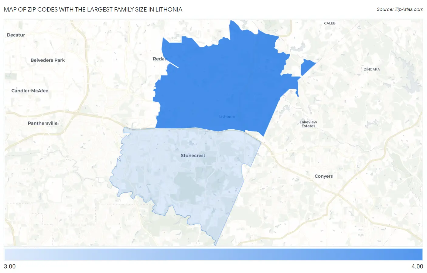 Zip Codes with the Largest Family Size in Lithonia Map