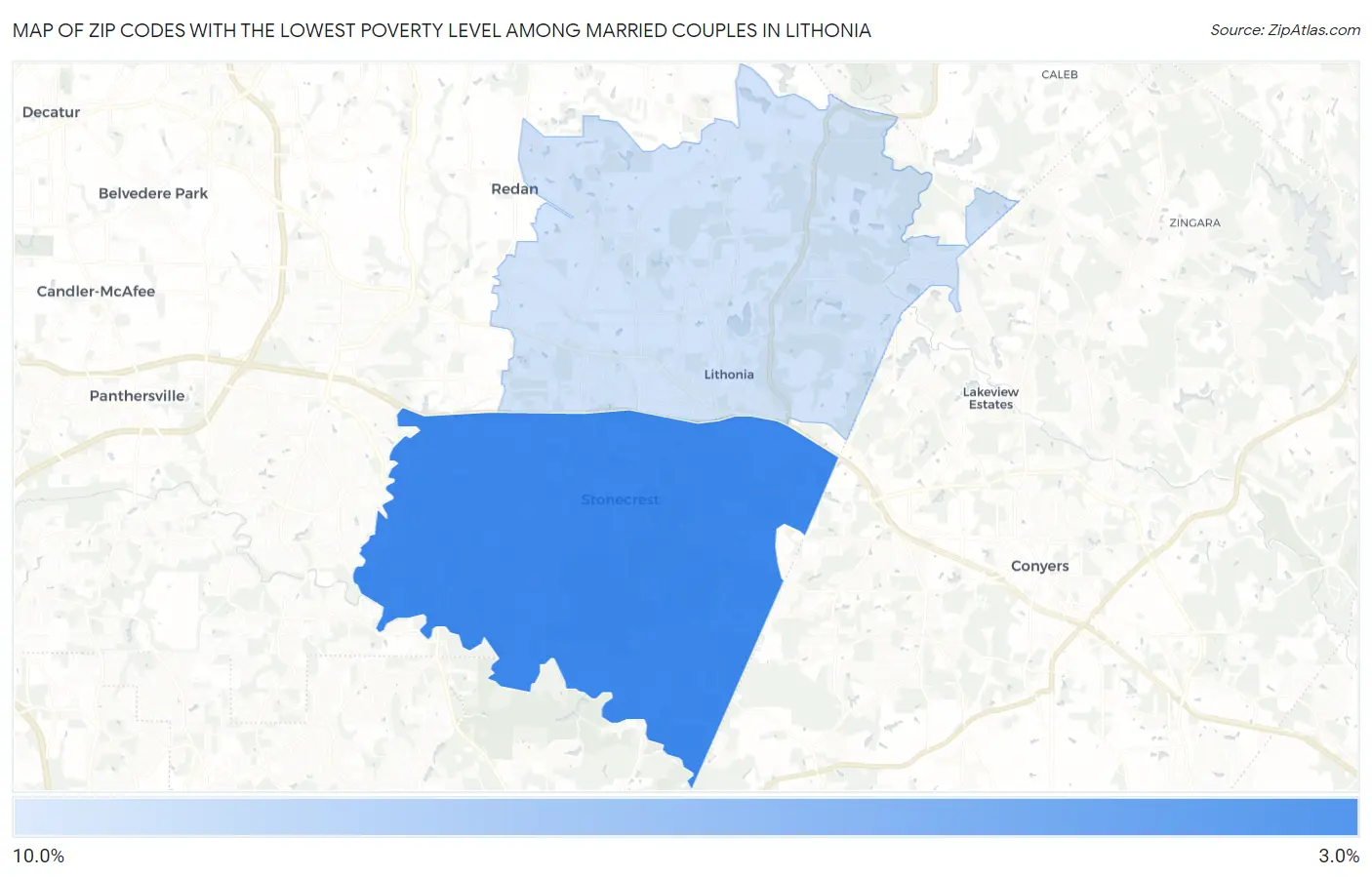 Zip Codes with the Lowest Poverty Level Among Married Couples in Lithonia Map
