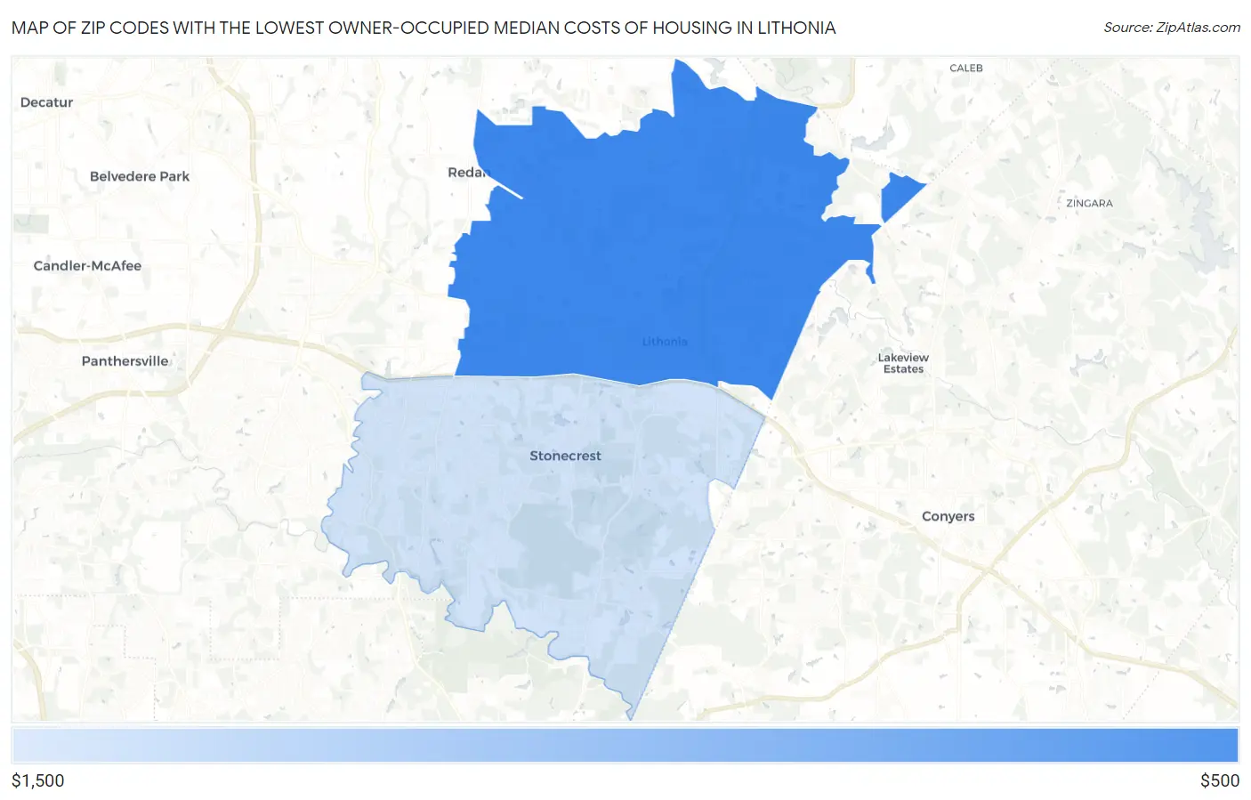Zip Codes with the Lowest Owner-Occupied Median Costs of Housing in Lithonia Map
