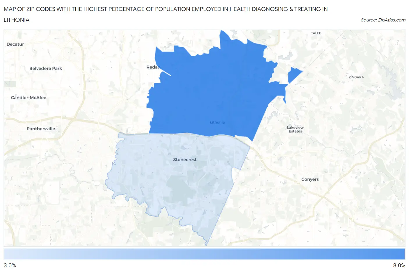 Zip Codes with the Highest Percentage of Population Employed in Health Diagnosing & Treating in Lithonia Map