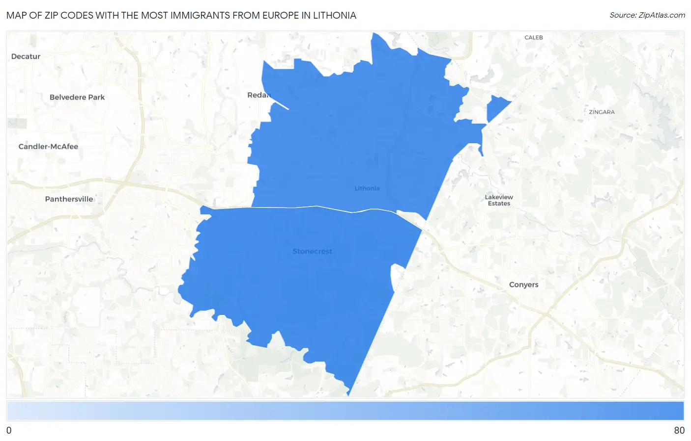 Zip Codes with the Most Immigrants from Europe in Lithonia Map