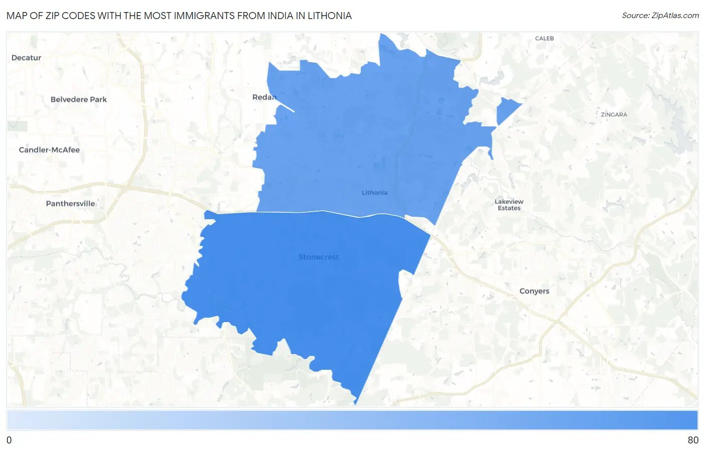 Zip Codes with the Most Immigrants from India in Lithonia Map