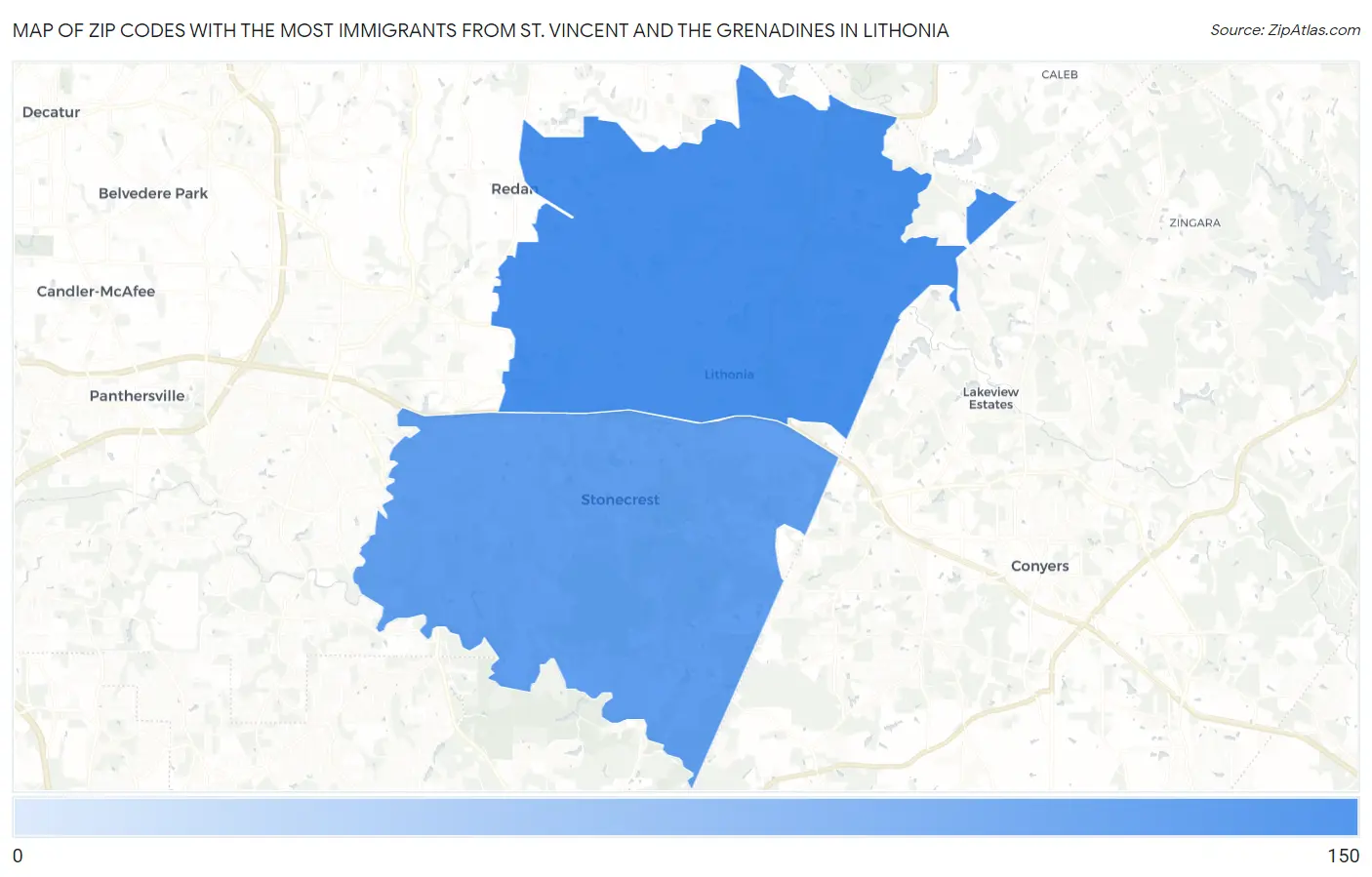 Zip Codes with the Most Immigrants from St. Vincent and the Grenadines in Lithonia Map
