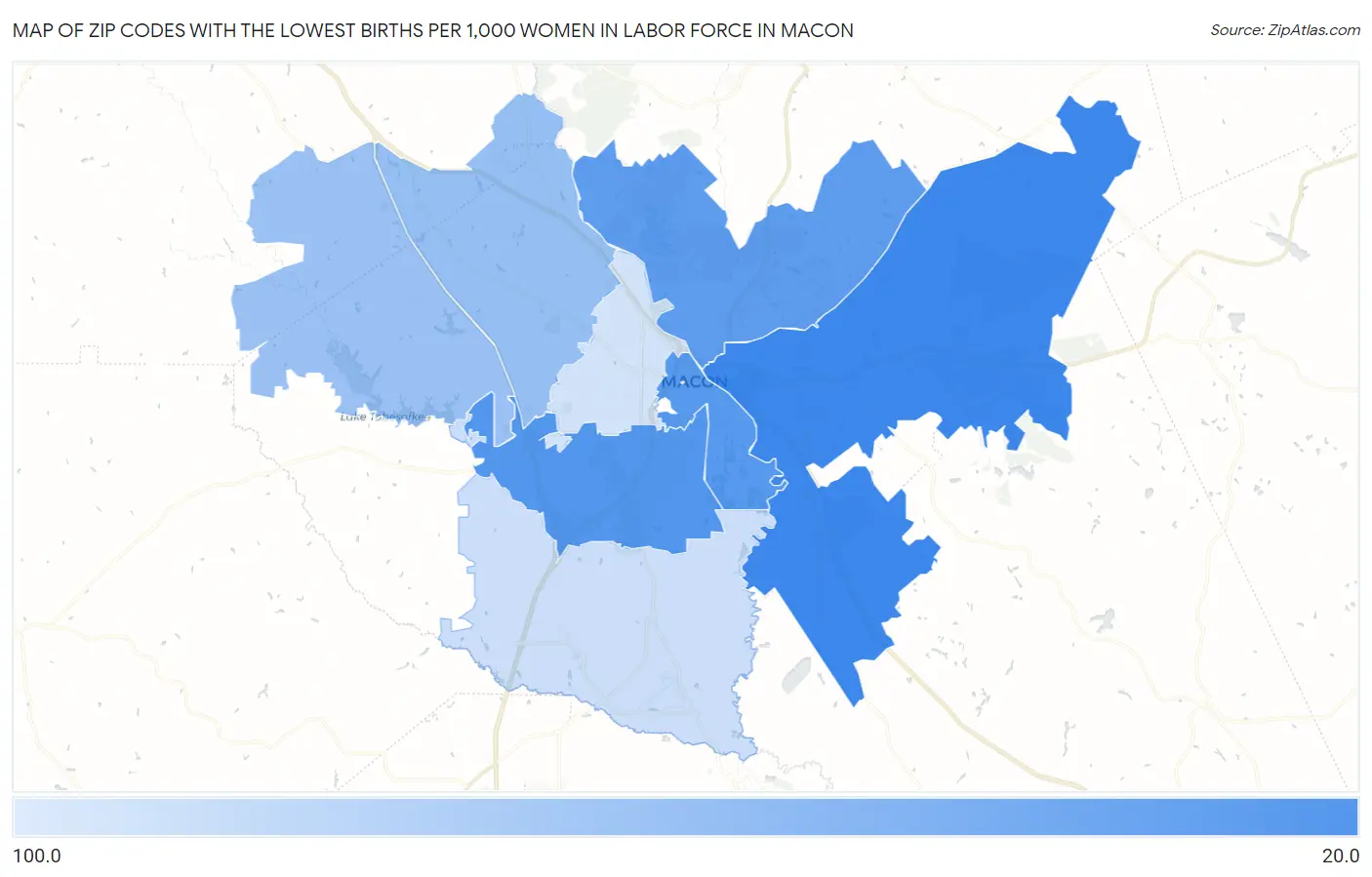 Zip Codes with the Lowest Births per 1,000 Women in Labor Force in Macon Map