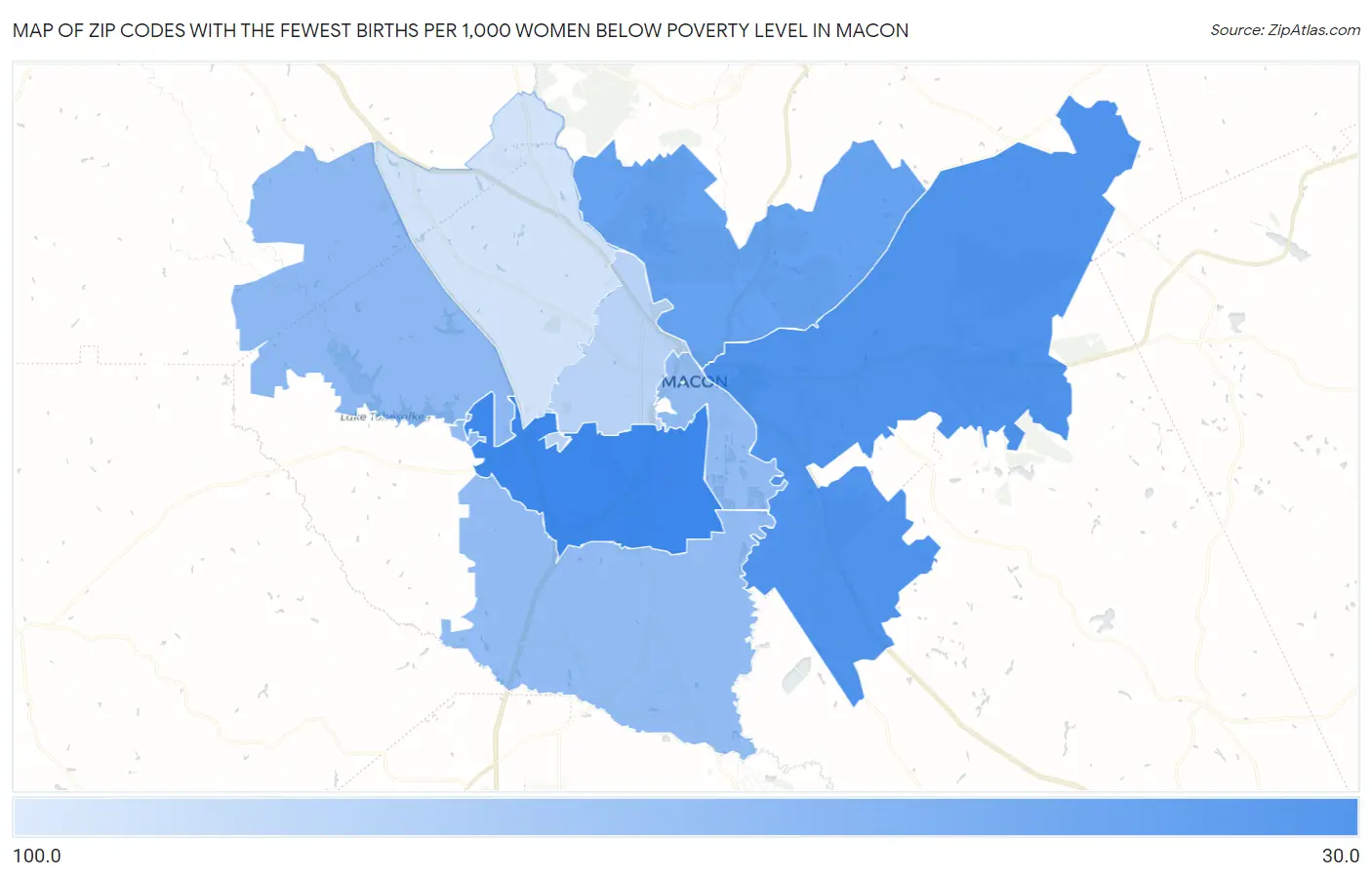 Zip Codes with the Fewest Births per 1,000 Women Below Poverty Level in Macon Map