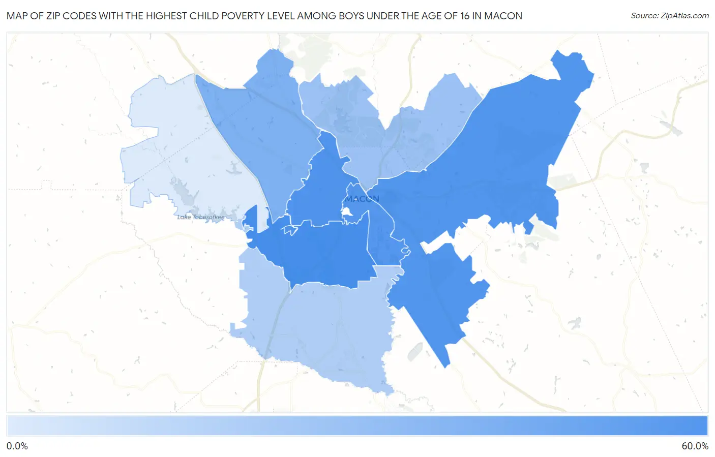 Zip Codes with the Highest Child Poverty Level Among Boys Under the Age of 16 in Macon Map