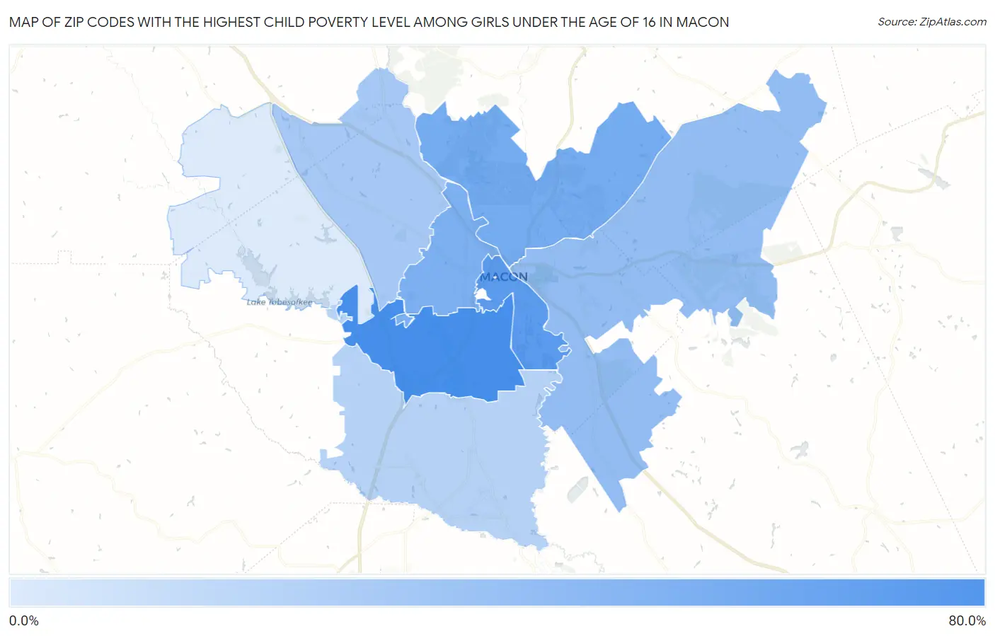 Zip Codes with the Highest Child Poverty Level Among Girls Under the Age of 16 in Macon Map