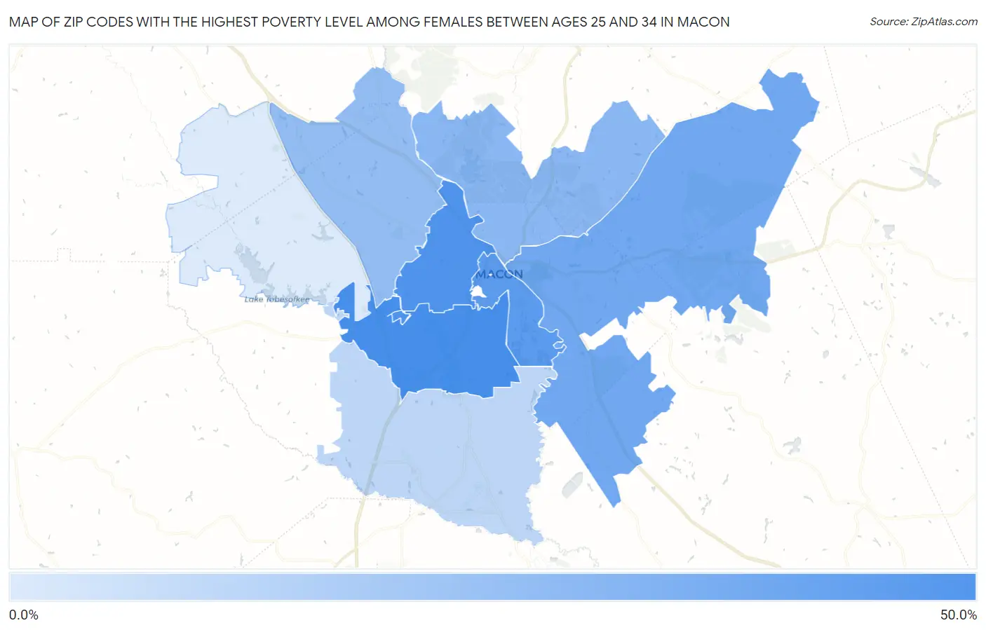 Zip Codes with the Highest Poverty Level Among Females Between Ages 25 and 34 in Macon Map