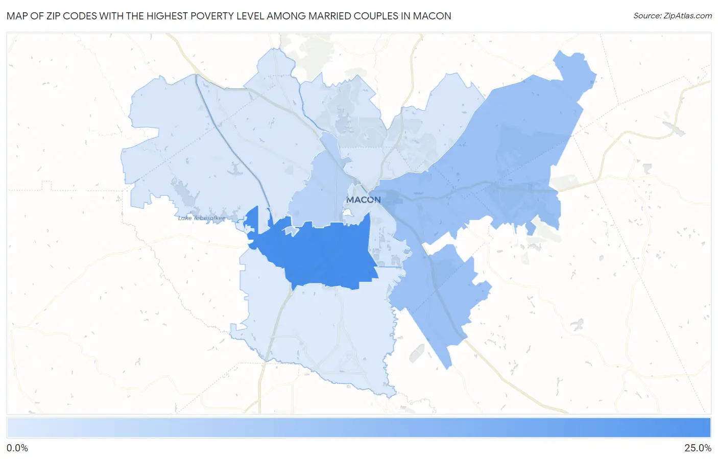 Zip Codes with the Highest Poverty Level Among Married Couples in Macon Map