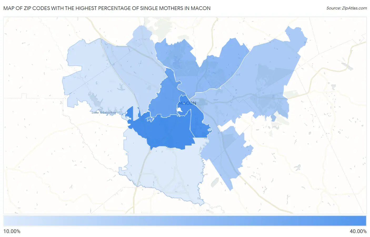 Zip Codes with the Highest Percentage of Single Mothers in Macon Map