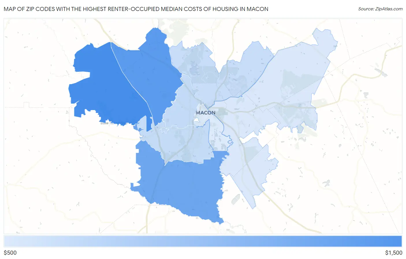 Zip Codes with the Highest Renter-Occupied Median Costs of Housing in Macon Map