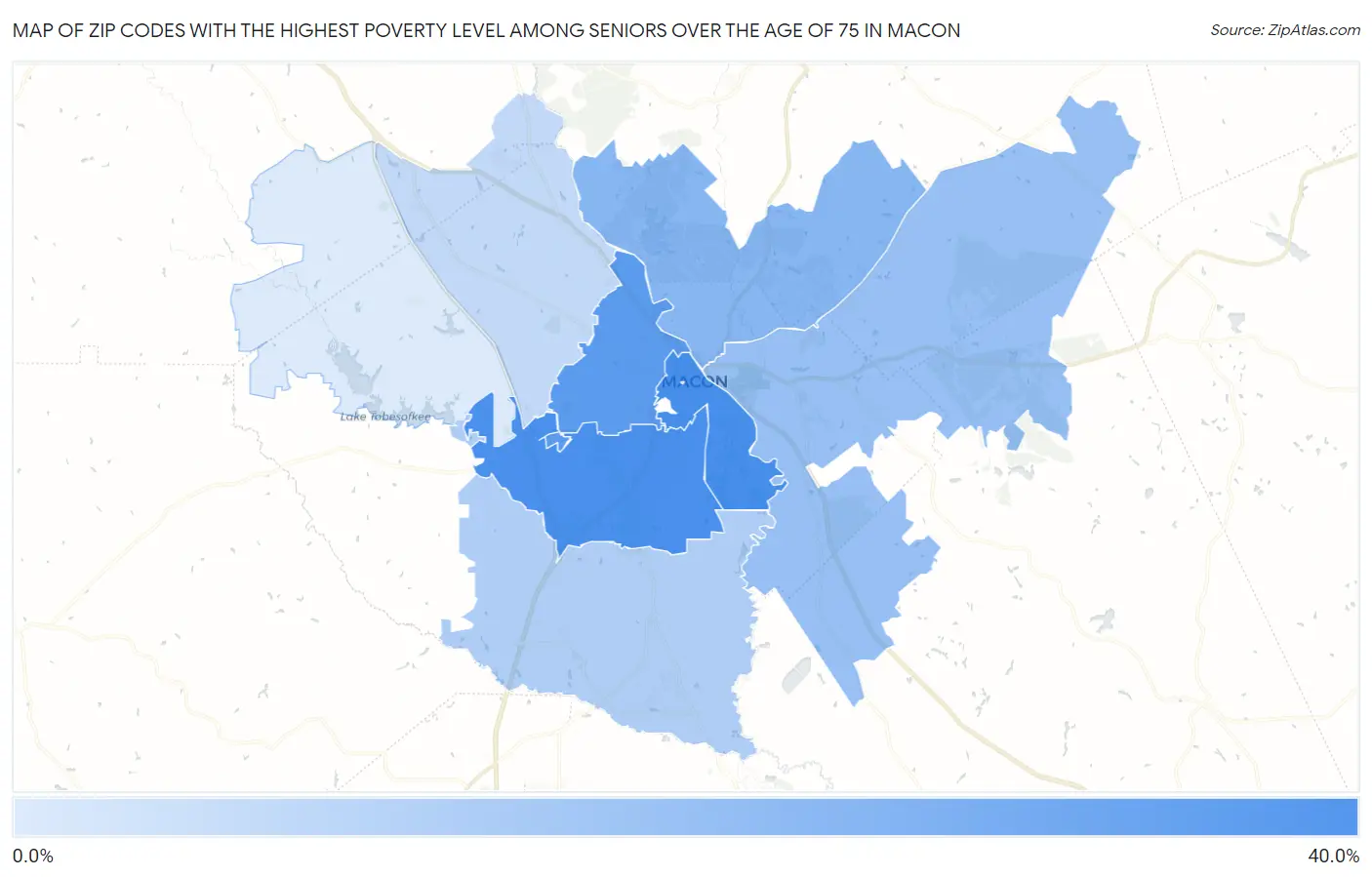Zip Codes with the Highest Poverty Level Among Seniors Over the Age of 75 in Macon Map