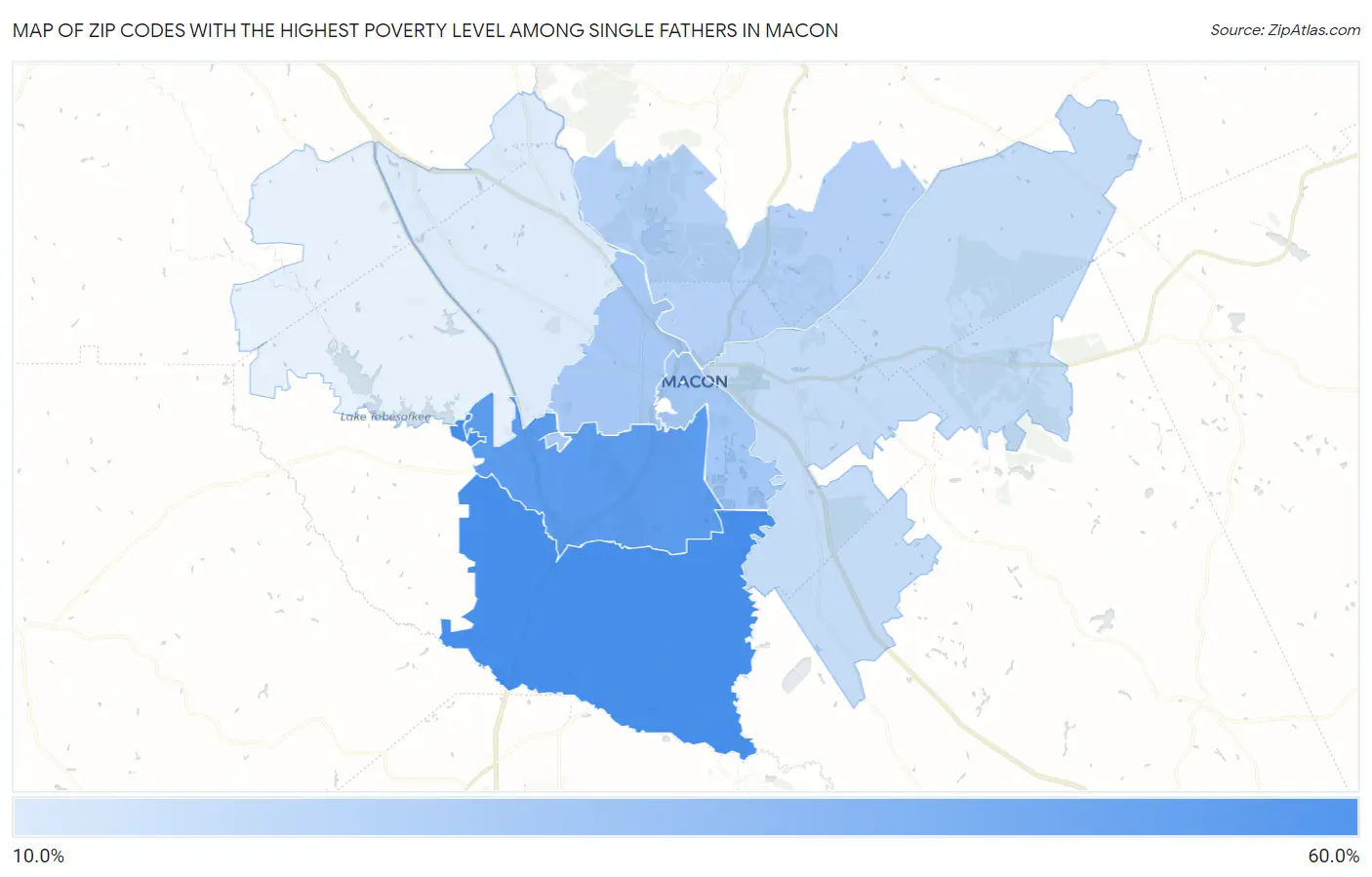 Zip Codes with the Highest Poverty Level Among Single Fathers in Macon Map