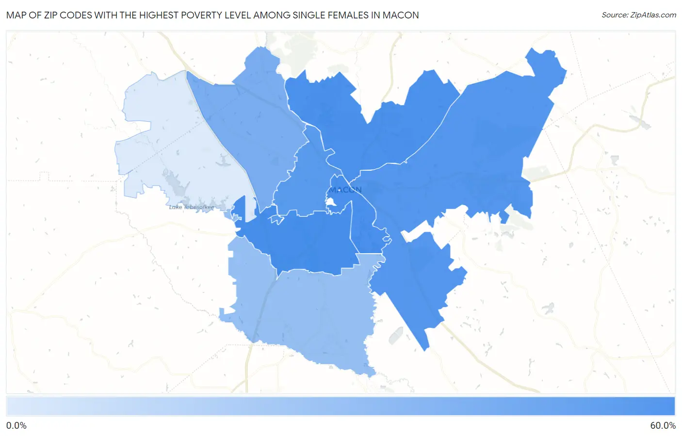 Zip Codes with the Highest Poverty Level Among Single Females in Macon Map