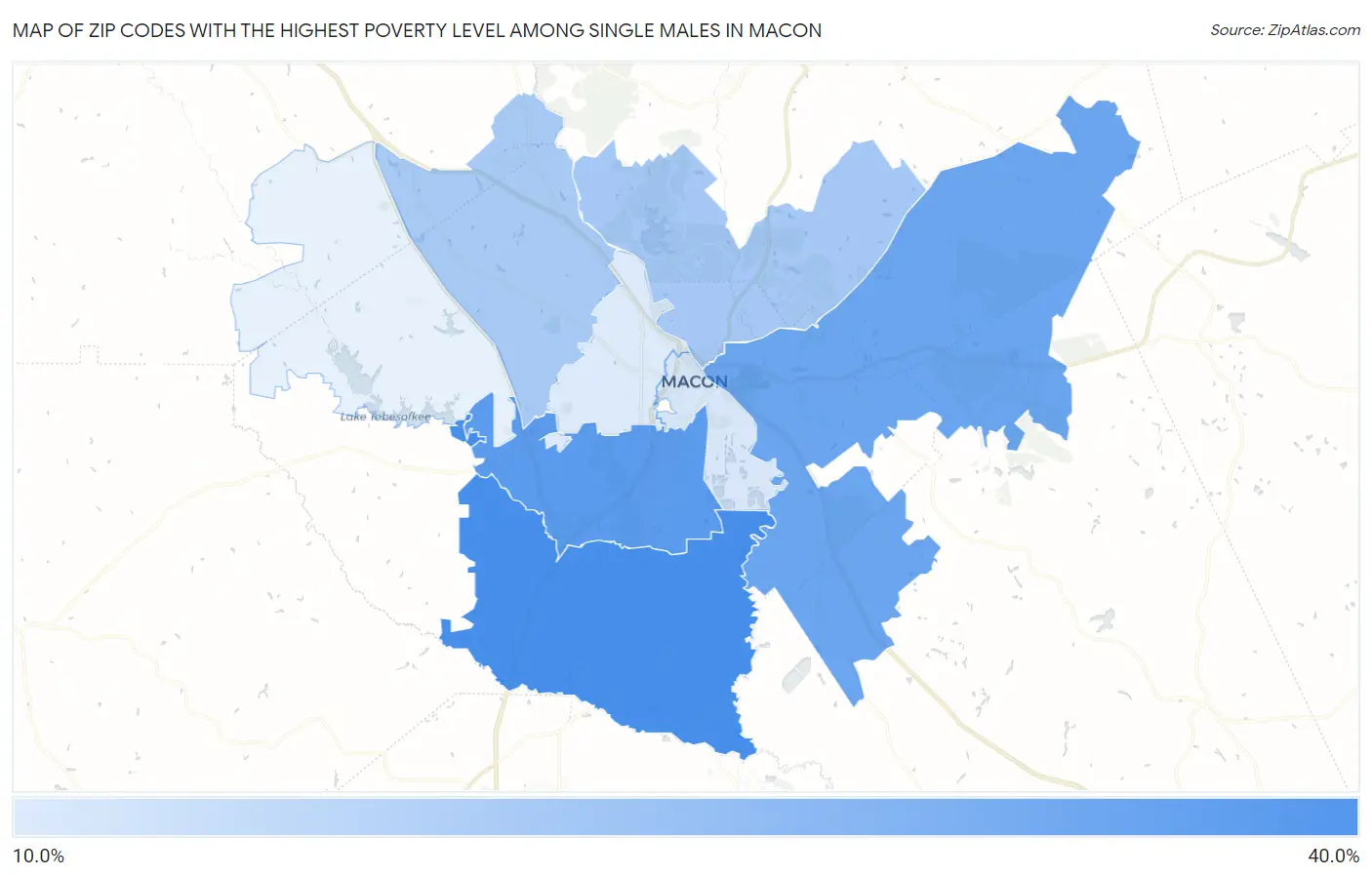 Zip Codes with the Highest Poverty Level Among Single Males in Macon Map