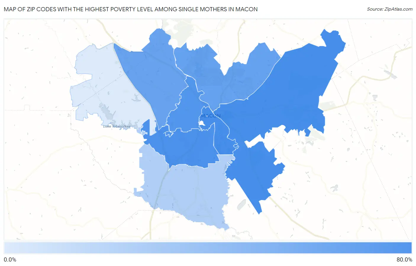 Zip Codes with the Highest Poverty Level Among Single Mothers in Macon Map