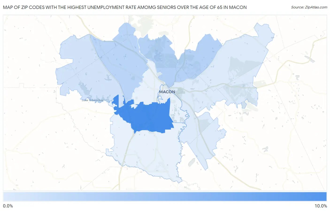 Zip Codes with the Highest Unemployment Rate Amomg Seniors Over the Age of 65 in Macon Map