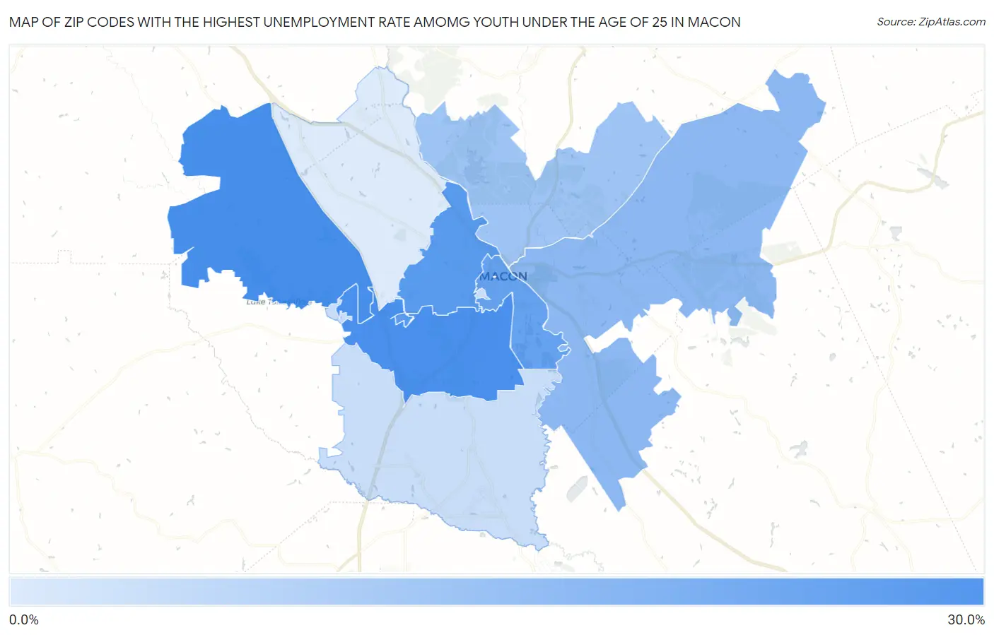 Zip Codes with the Highest Unemployment Rate Amomg Youth Under the Age of 25 in Macon Map