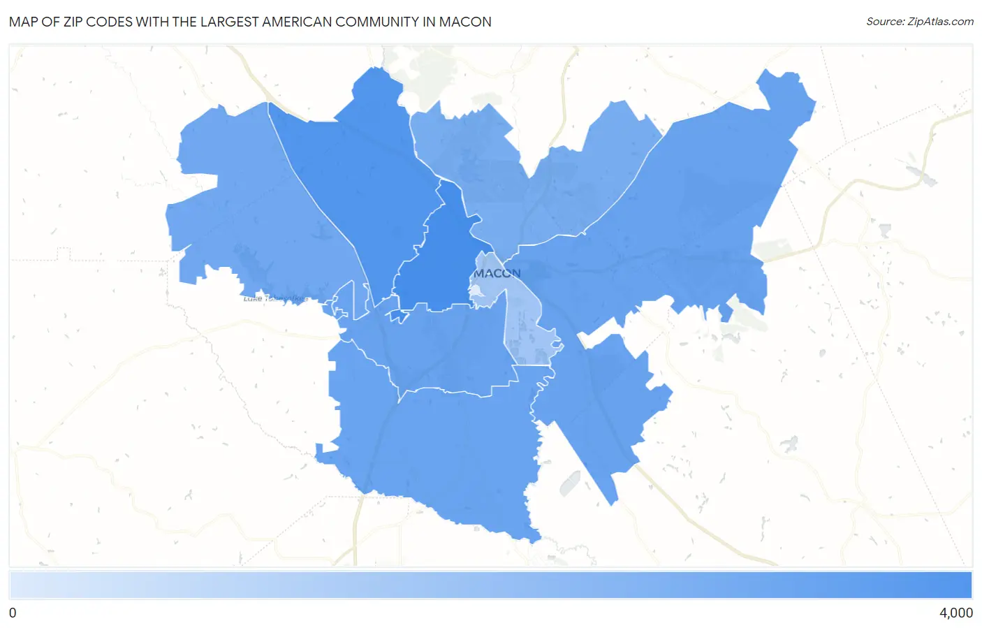 Zip Codes with the Largest American Community in Macon Map