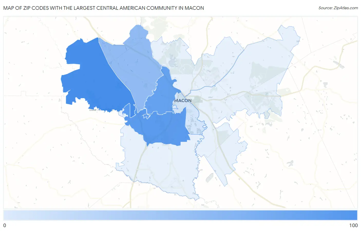 Zip Codes with the Largest Central American Community in Macon Map
