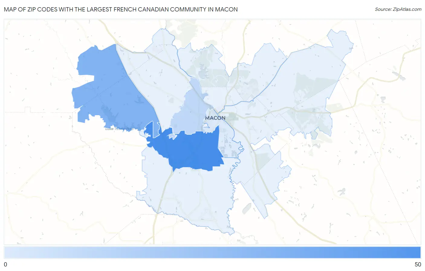 Zip Codes with the Largest French Canadian Community in Macon Map