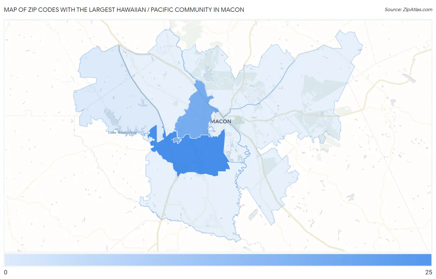 Zip Codes with the Largest Hawaiian / Pacific Community in Macon Map