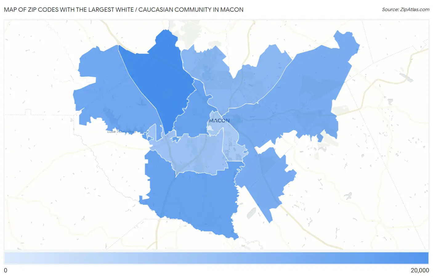 Zip Codes with the Largest White / Caucasian Community in Macon Map