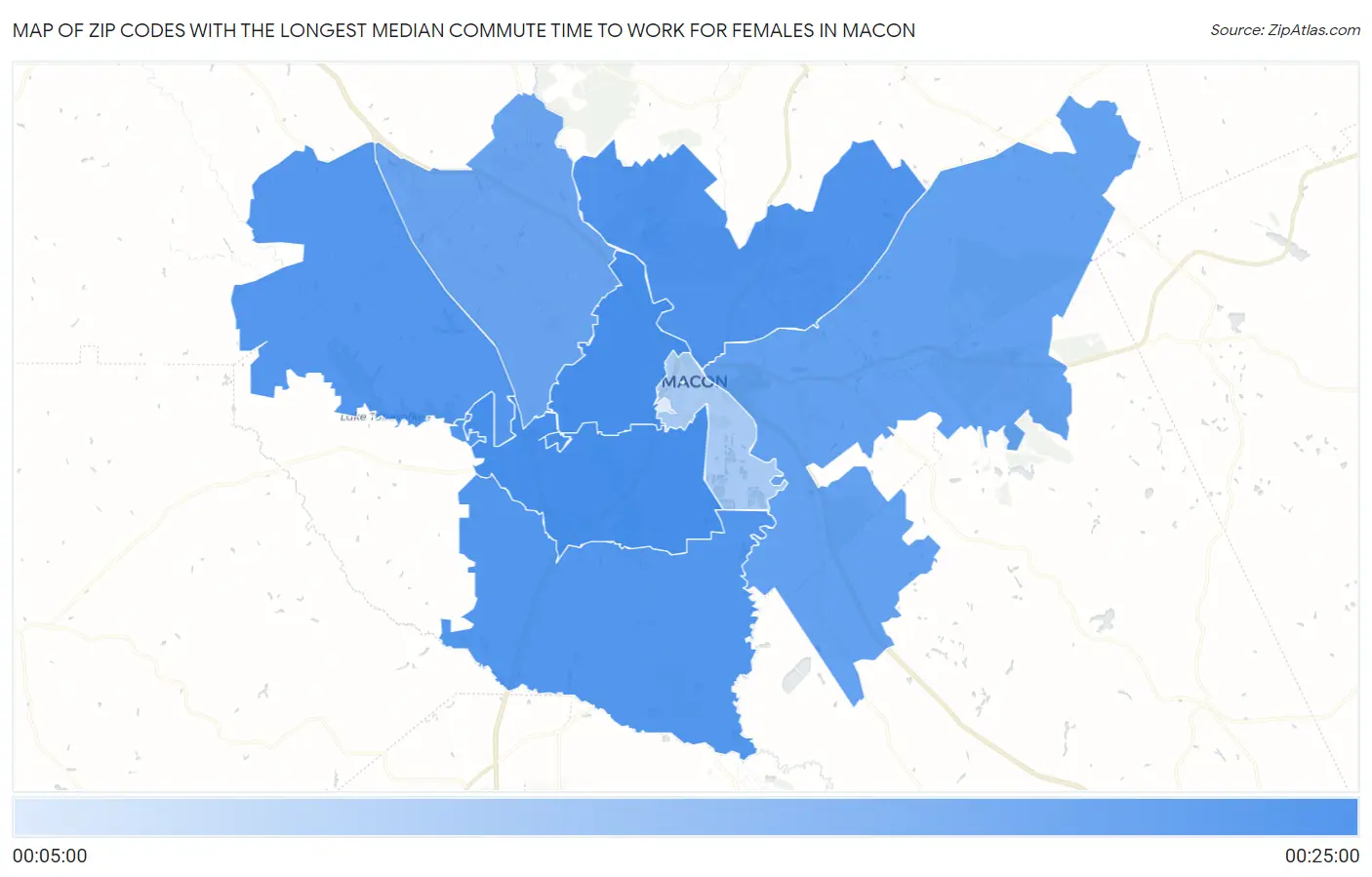 Zip Codes with the Longest Median Commute Time to Work for Females in Macon Map