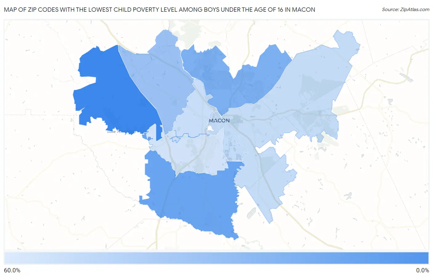 Zip Codes with the Lowest Child Poverty Level Among Boys Under the Age of 16 in Macon Map